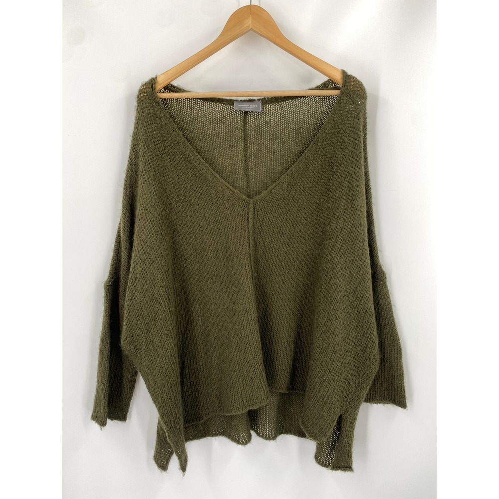 Wooden Ships Sweater Women M/L Olive Green V-Neck Mohair Wool Blend Oversized